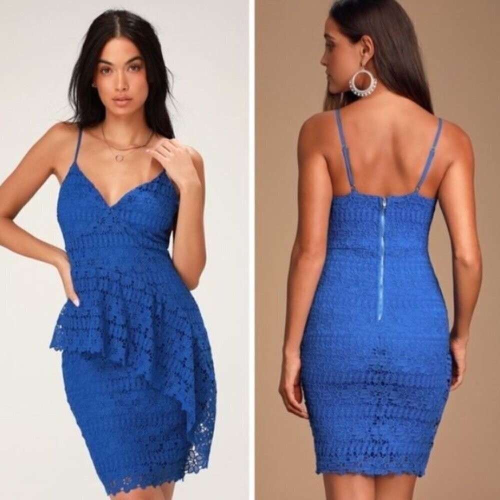 Lulus Dress Size S Lace Bodycon‎ MIDI Dress Royal Blue Party Wedding Guest